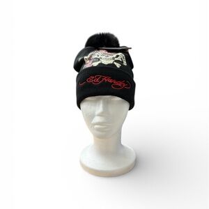 Ed Hardy Black Beanie with Skull and Red Logo